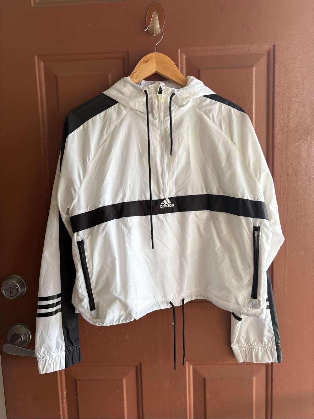 adidas White and Black Hooded Bomber Windbreaker